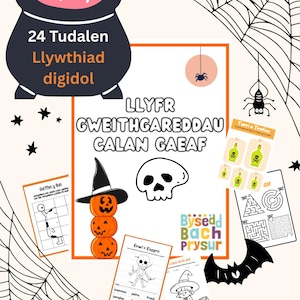 May include: A Halloween-themed digital activity book with various pages, including a maze, a skeleton diagram, and a witch illustration. The cover features a cauldron and the text "24 Pages Digital Activities". A stack of carved pumpkins is also visible.