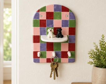 Custom Colorblock Check Ceramic Pet Key Holder Wall Key Rack Personalized Portrait Shelf Pink Green Purple Cat Dog Entryway Decor Home Gift