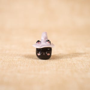 Whimsical Black Cat Figurine Purple Wizard Hat Ceramic Desk Pet Cute Adorable Handmade Miniature Pottery Tea Pet Halloween Decor Gift