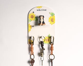 Personalisierte Sunflower Willkommen Keramik Schlüsselhalter Benutzerdefinierte abnehmbare Hundeporträt Handbemalter Schlüsselhalter Gelb Blumenschlüsselhaken