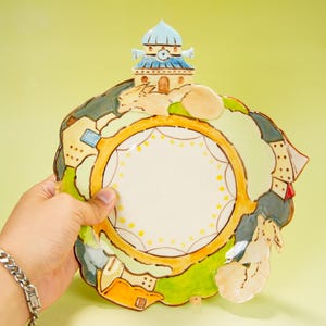 Fairytale Tower Ceramic Plate | Handcrafted Irregular Shaped Green Serving Dish |Fairytale-like Trinket Holder with Castle & Cute Fox Figure