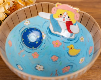 Bol de cerámica con diseño divertido para la piscina / Bol artesanal con forma de gato para servir sopa, pasta, ensalada, etc. Regalo ideal para amantes de los gatos / Apto para microondas y lavavajillas