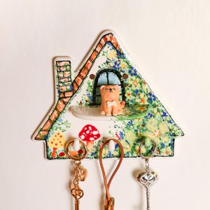 Custom Floral Cottage House Ceramic Pet Key Holder Wall Key Rack Personalized Portrait Shelf Mushroom Cat Dog Entryway Decor Pet Lover Gift