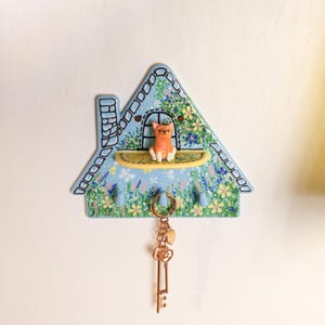 Custom Blue Garden Cottage Ceramic Pet Key Holder Wall Key Rack Personalized Portrait Shelf Floral Cat Dog Entryway Decor Pet Lover Gift