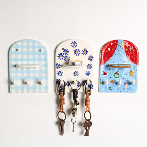Custom Hand Painted Ceramic Wall Key Holder with Mini Shelf Tea Light Candle Sconce Gingham Daisy Christmas Pattern Entryway Hook