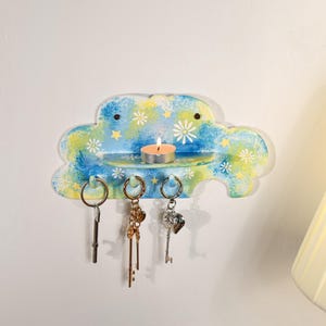 Llavero de cerámica personalizado con forma de nube de margarita azul, portavelas, estante de pared para llaves, estante floral, estrella, decoración de entrada estilo cottagecore, regalo de inauguración de casa.