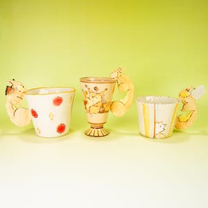 Verspieltes Füchse Keramik Tassen Set | Handgefertigte Cappuccino-Tassen im Cartoon-Stil mit speziellen Fuchs-ähnlichen 3D-Griffen | Kawaii Tasse Geschenk für Kinder