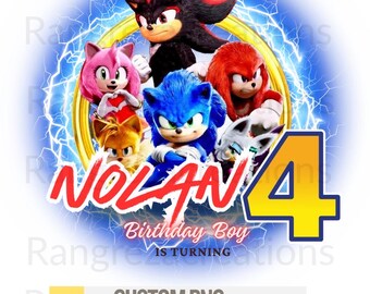 May include: A vibrant birthday graphic featuring Sonic the Hedgehog characters. The design includes the name "NOLAN" in red, the number "4" in yellow, and the text "Birthday Boy Is Turning." The background has a blue lightning effect.