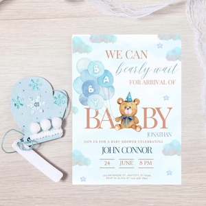 Teddy Bear Baby Shower Invitation Boy | Blue Bear Balloon Invite | It’s a Boy Editable Template | Printable 5x7 Baby Shower Card