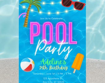 Pool Party Birthday E-Invite: Editable Neon Template (5x7, Digital Download)