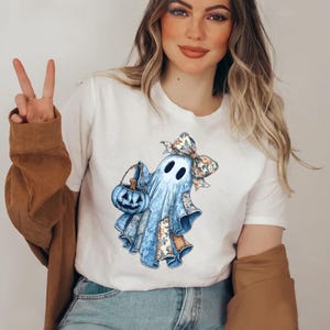 Retro Halloween Blue Denim Ghost Png, Trendy Patchwork Spooky Ghost Png, Cute Boo Ghost Coquette Png, Fall Pumpkin Png, Spooky Season Png