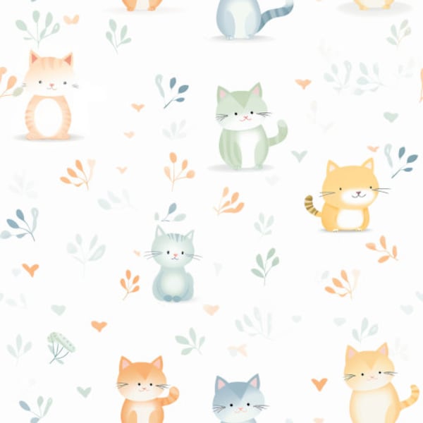 Whimsical Cat & Bush Seamless Pattern - Calming Kids' Design - Digital Download JPG, PNG, SVG, vector - White, Orange and Grey,