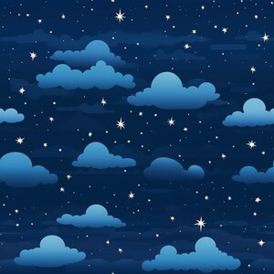 Cielo nocturno de dibujos animados: caprichoso patrón sin fisuras de paisaje estrellado y onírico para decoración infantil
