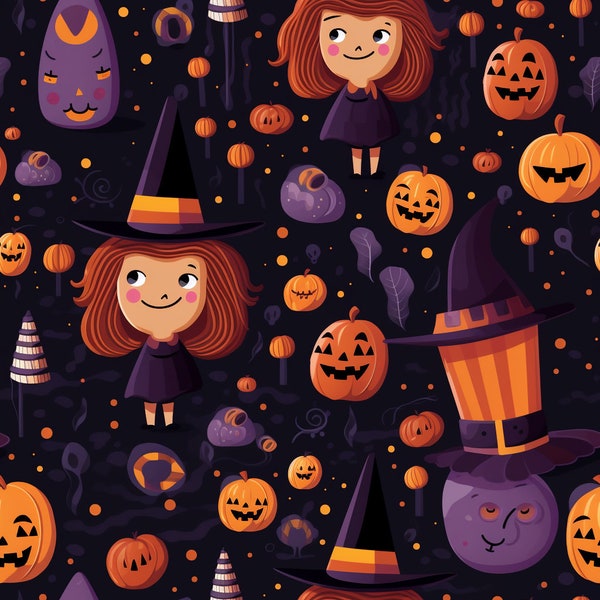 Child-Friendly Halloween Seamless Pattern - Cute Witches and Jack O Lanterns - JPG, PNG - Perfect for Kids' Crafts & Décor