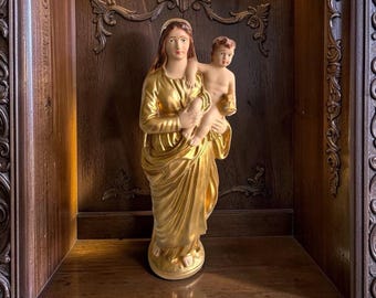 Statue Virgin mary Infant Jesus Child Gold Golden Chalkware Ornate antique Italy