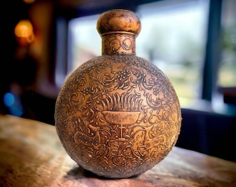 Copper Tibetan Style Relief Vase: Gazelle Impala Design, 14”