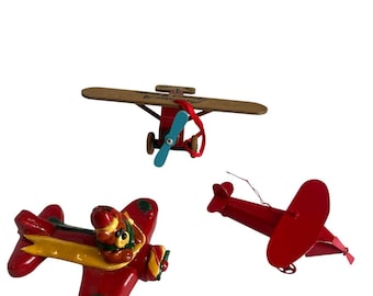 Vtg Christmas Ornament Folk Art Wood Metal Pottery Airplanes Kurt Adler Calliope