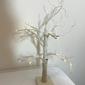 May include: A decorative white birch tree with warm white LED lights. The tree has a square base and a textured trunk. The branches are thin and delicate, with small lights evenly spaced throughout. A charming accent for any room.