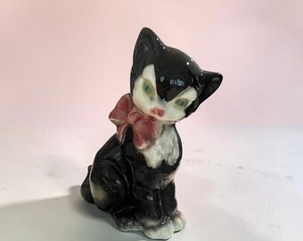 Vtg Kitten 1950's Royal Copley Black Tuxedo Cat Green Eyes Pink Bow Planter 8"