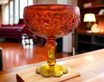 Amberina 6&quot; Footed Pedestal Bowl Raised Rose Pattern Pressed Glass Orange/Yellow glows under black light