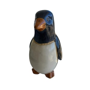 Large Mid Century Modern Pottery Penguin Sculpture Vintage Bird Figure Decor Blue shelf sitter artic Glazed standing