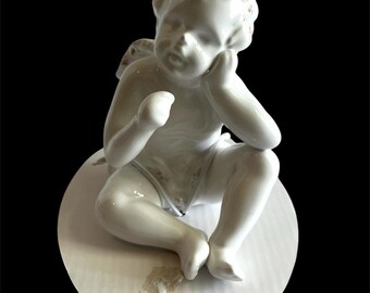 Vtg Baroque Ceramic Cherub Winged Angel Figure Sitting White Vanity Shelf Decor