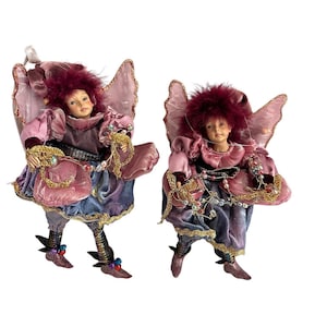 Conjunto de adornos vintage de hadas duendecilla con alas de tela, decoración fantástica para Navidad encantada.