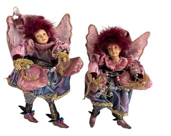 Vtg Pixie Elf Fairy Ornament Set Fabric Wings Fantasy Decor Enchanted Christmas
