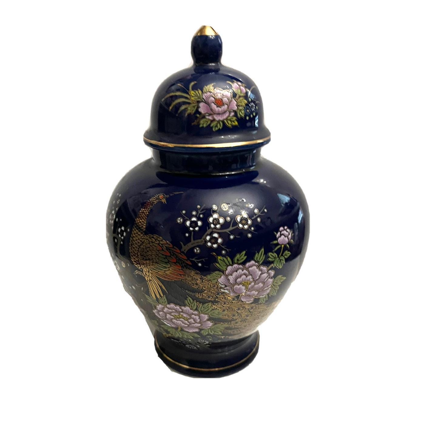 Japanese Ginger Jar small Vintage Made Japan Cobalt Blue Peacock Floral Design detailed gold colored accents spices floral urn