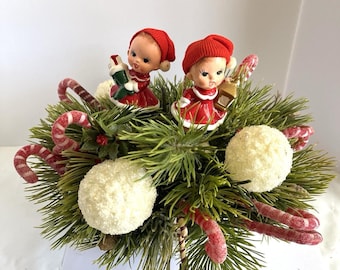 Vtg Napco Girl Pixie Candy Cane Faux Hair Snowballs Holiday Centerpiece Flaws