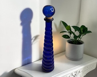 Tall Cobalt Blue San Miguel Empoli Style 17” Bubble Glass Bottle w/Stopper Spain