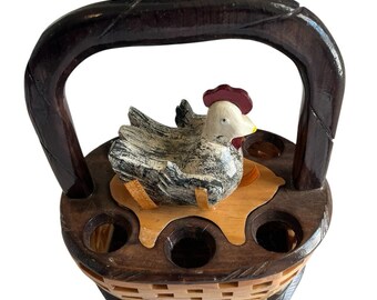 Farm Country Wooden Lidded Chicken Shaped Egg Holder Sort Basket Vintage FolkArt