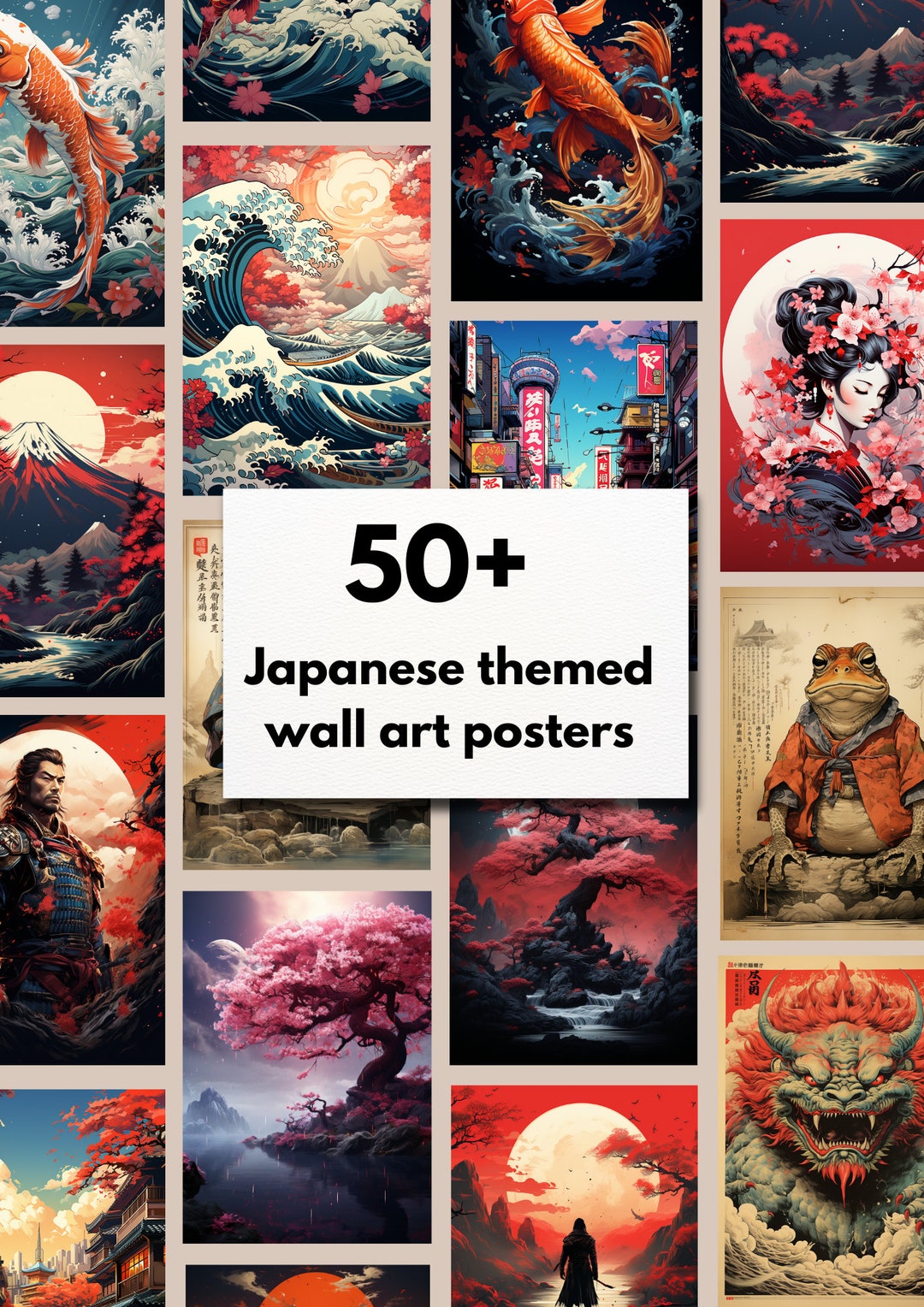 50 Japanese Wall Art Digital Poster Prints, Vintage Japanese Wall