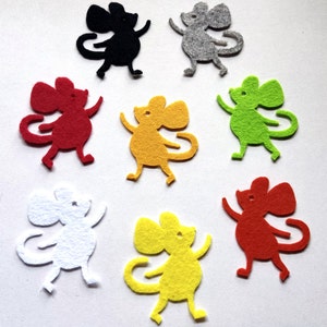 May include: Nine felt mouse shapes in various colours, including red, yellow, green, black, white, and grey. The mice are all facing the same direction with their tails curled up.