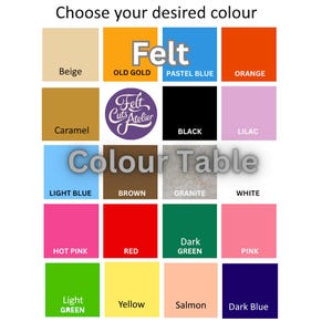 May include: A color chart for felt featuring twenty squares in various shades including beige, old gold, pastel blue, orange, caramel, black, lilac, light blue, brown, granite, white, hot pink, red, dark green, pink, light green, yellow, salmon, and dark blue.
