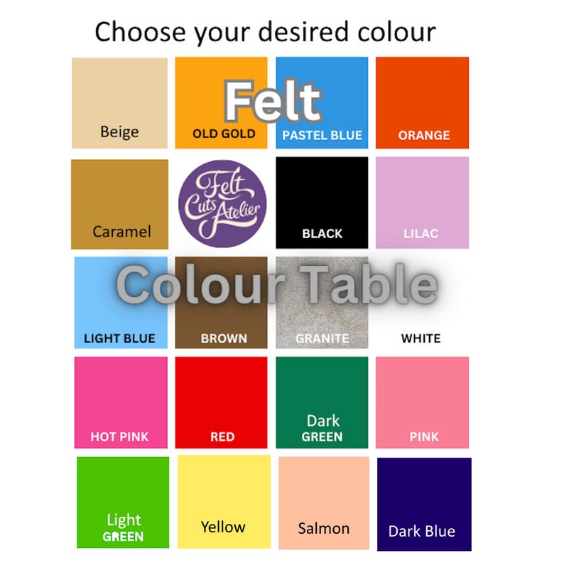 May include: A color chart for felt featuring twenty squares in various shades including beige, old gold, pastel blue, orange, caramel, black, lilac, light blue, brown, granite, white, hot pink, red, dark green, pink, light green, yellow, salmon, and dark blue.
