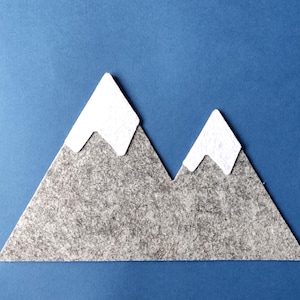 Könnte beinhalten: Ein grauer Filzberg mit zwei weißen Filzspitzen auf blauem Hintergrund.