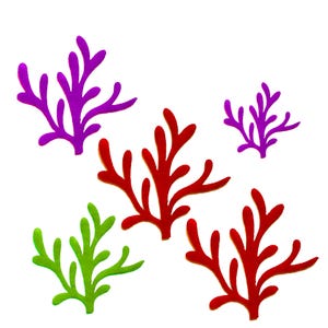 May include: Five felt coral reef decorations in different colours. There are two red, one green, and two purple coral decorations.