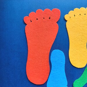 May include: A collection of felt cutouts shaped like human footprints in various colors including red, yellow, blue, and green. The shapes feature distinct toe and heel sections, arranged in a scattered pattern against a solid blue background.