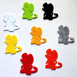 May include: Set of ten felt mouse shapes in various colours, including black, white, green, yellow, orange, grey, and red. The mice are all the same size and shape, with a simple, cartoon-like design.