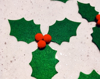 Felt Holly Leaves Felt Die Cut Christmas Craft Supplies Felt Mistletoe Sewing Craft Projects Green Leaves With Red Berries | 3 Sizes