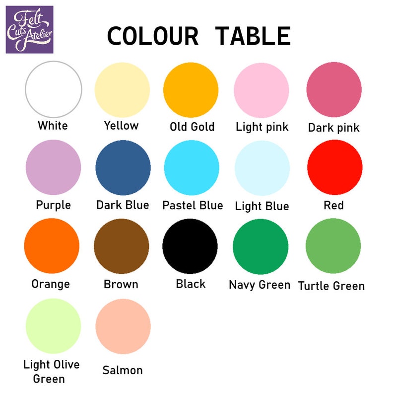 May include: Color table with 15 different colored circles, each labeled with a color name. The colors include white, yellow, old gold, light pink, dark pink, purple, dark blue, pastel blue, light blue, red, orange, brown, black, navy green, turtle green, light olive green, and salmon.