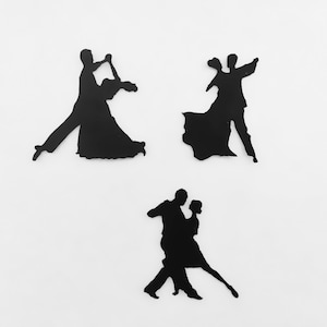 May include: Three black silhouette cutouts of couples dancing. The couples are in different dance poses. The silhouettes are on a white background.