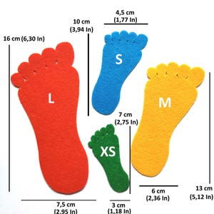 May include: Four felt foot-shaped cutouts in red, blue, yellow, and green, labeled L, S, M, and XS. The red L measures 6.30 inches by 2.95 inches, blue S is 3.94 by 1.77 inches, yellow M is 5.12 by 2.36 inches, and green XS is 2.75 by 1.18 inches.