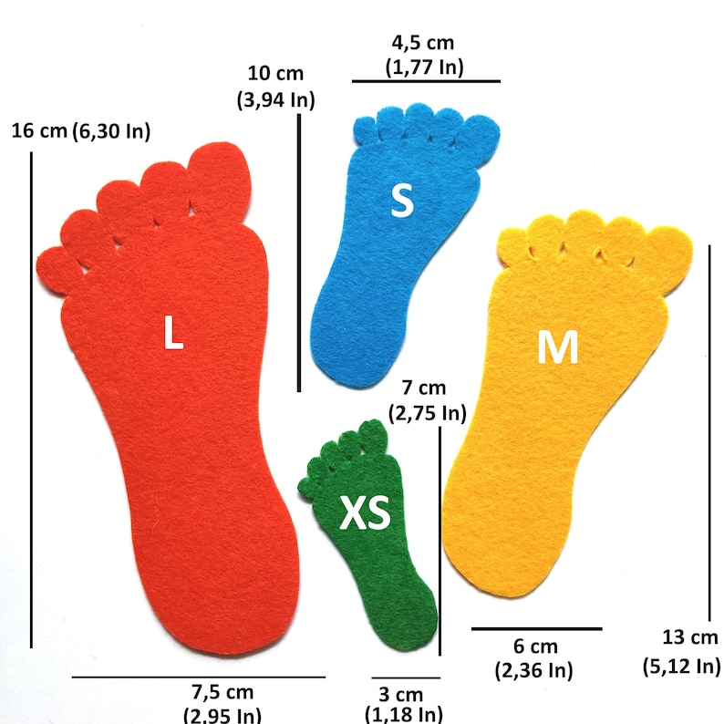 May include: Four felt foot-shaped cutouts in red, blue, yellow, and green, labeled L, S, M, and XS. The red L measures 6.30 inches by 2.95 inches, blue S is 3.94 by 1.77 inches, yellow M is 5.12 by 2.36 inches, and green XS is 2.75 by 1.18 inches.