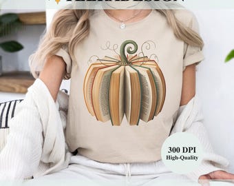 Fall Book Pumpkin PNG | Retro Reading Halloween T-Shirt Design | Teacher Sublimation Graphic | Digital Download