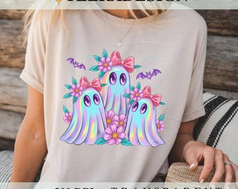 Schillernder Geist-Kürbis PNG Kokette Halloween-Sublimationsdesign, niedliche Girly Gruselige Saison Retro Neon Grafik für Hemden, digitaler Download