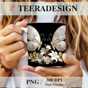 3D Gold Silver Butterflies Mug Wrap PNG | 11oz & 15oz Mug Sublimation Design | Elegant Mug Template | Instant Digital Download