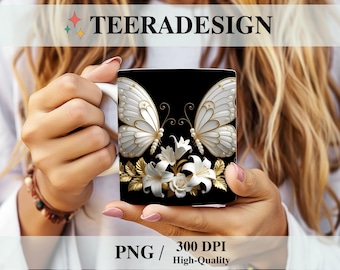 3D Gold Silver Butterflies Mug Wrap PNG | 11oz & 15oz Mug Sublimation Design | Elegant Mug Template | Instant Digital Download