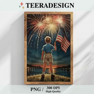 Vintage 4th of July Wall Art PNG | Printable Boy with American Flag and Fireworks | Patriotic USA Independence Day Decor | Digital Download